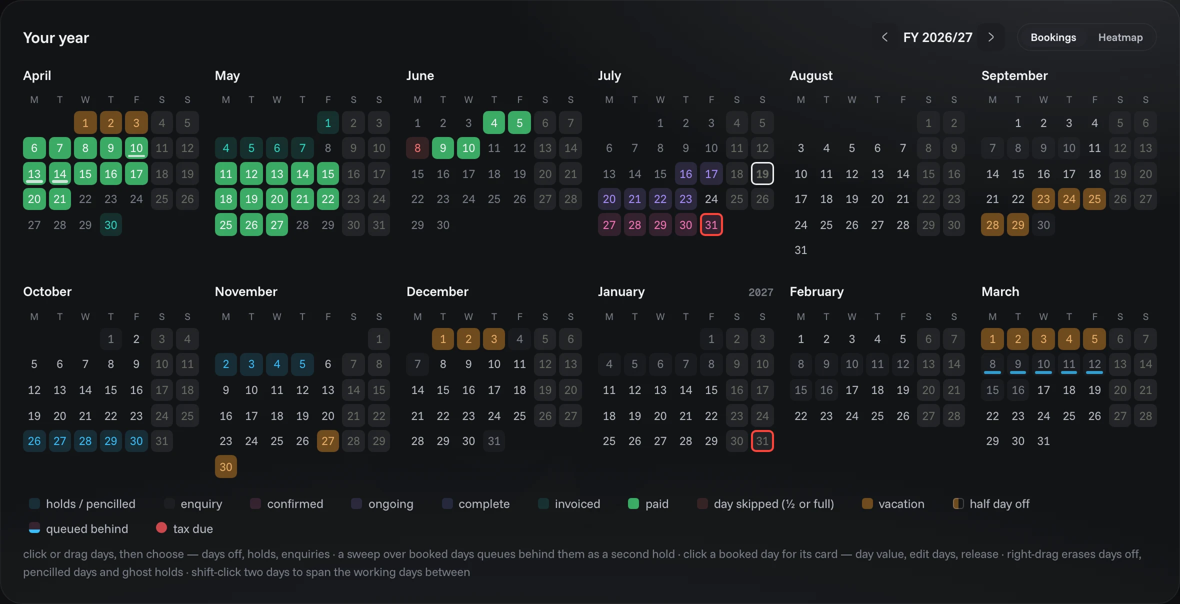 Agenda · Calendario — tema oscuro