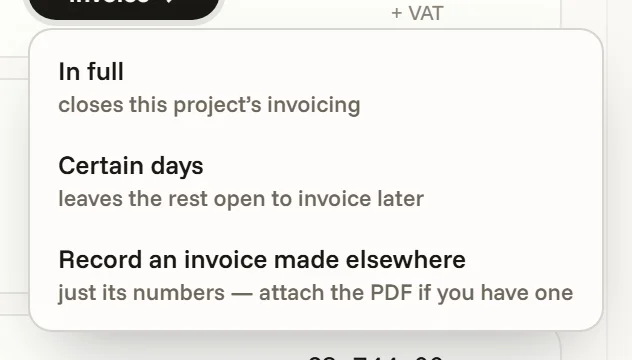 The billing menu, open — In full, Certain days, or Record an invoice made elsewhere