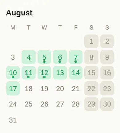 One month of the Bookings calendar — painted days wearing their status colours, weekends quiet, today ringed