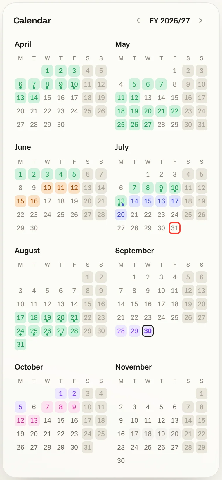 The calendar rail — the year compacted to a column beside another page, bookings in their pipeline colours, days off in amber
