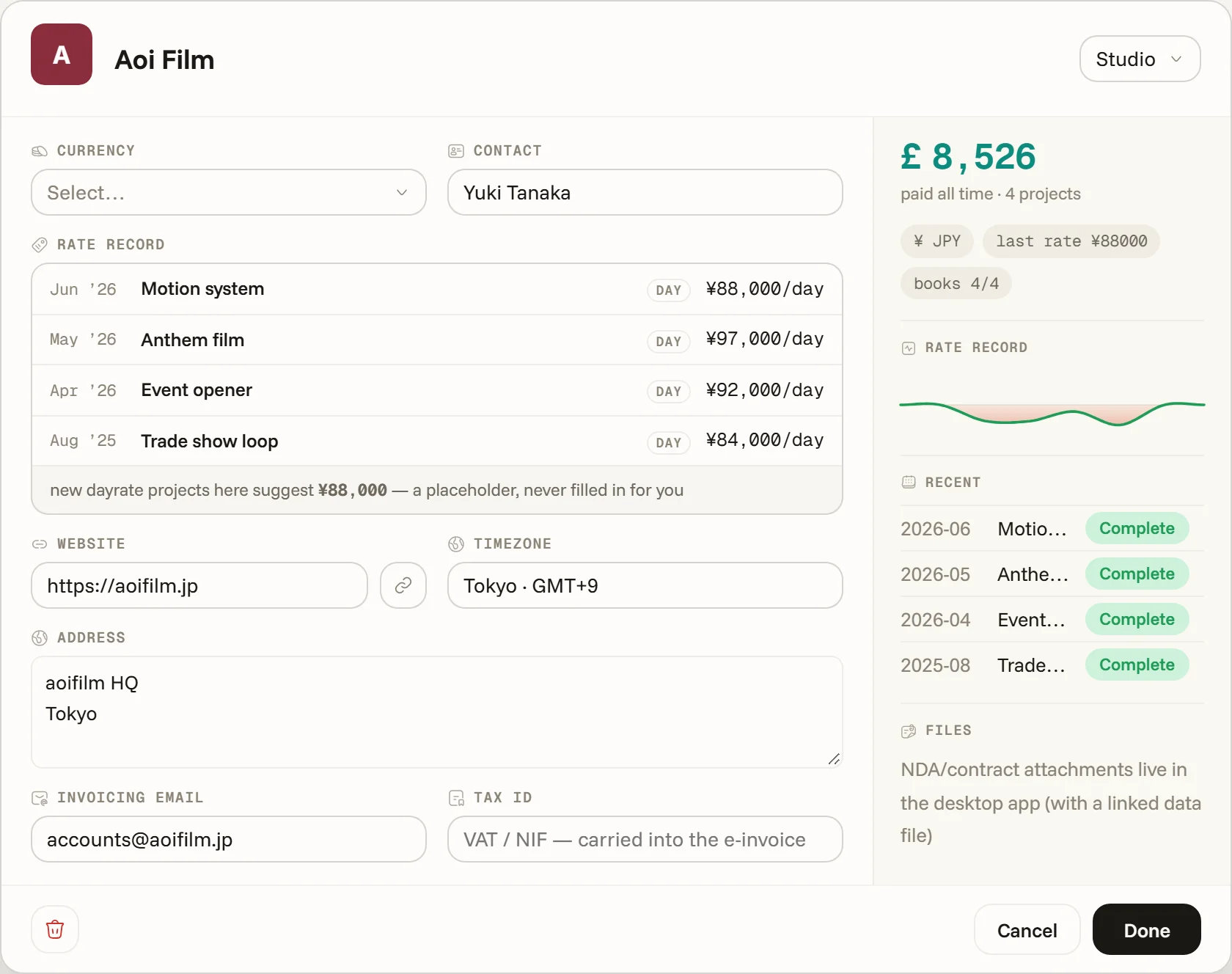 The client card — contact, rate record with the day-rate each job worked out to, website, timezone, address and tax id, with all-time totals and recent work on the rail