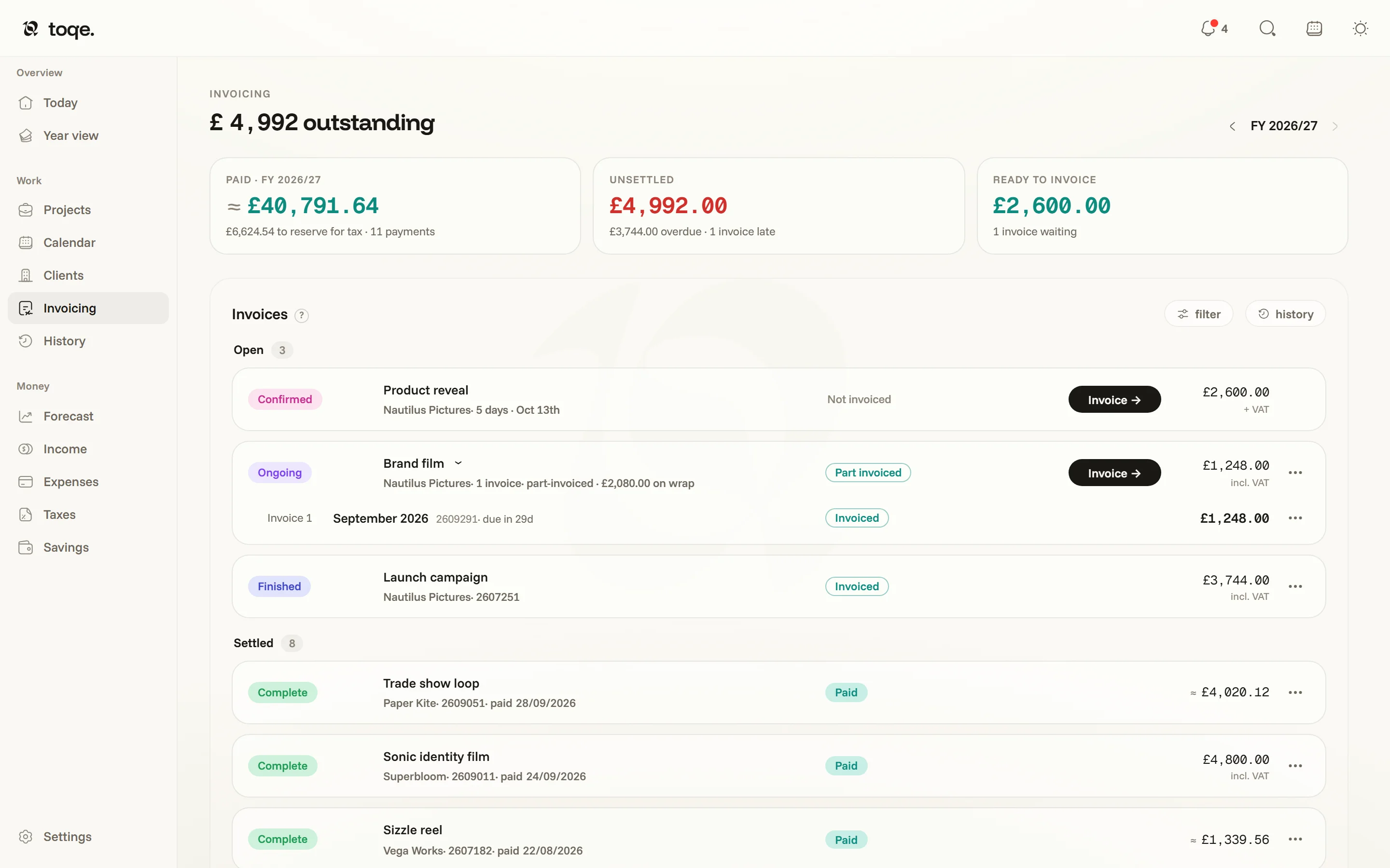 The invoicing ledger — what’s outstanding as the headline, paid, unsettled and ready-to-invoice tiles, then the Open and Settled project rows