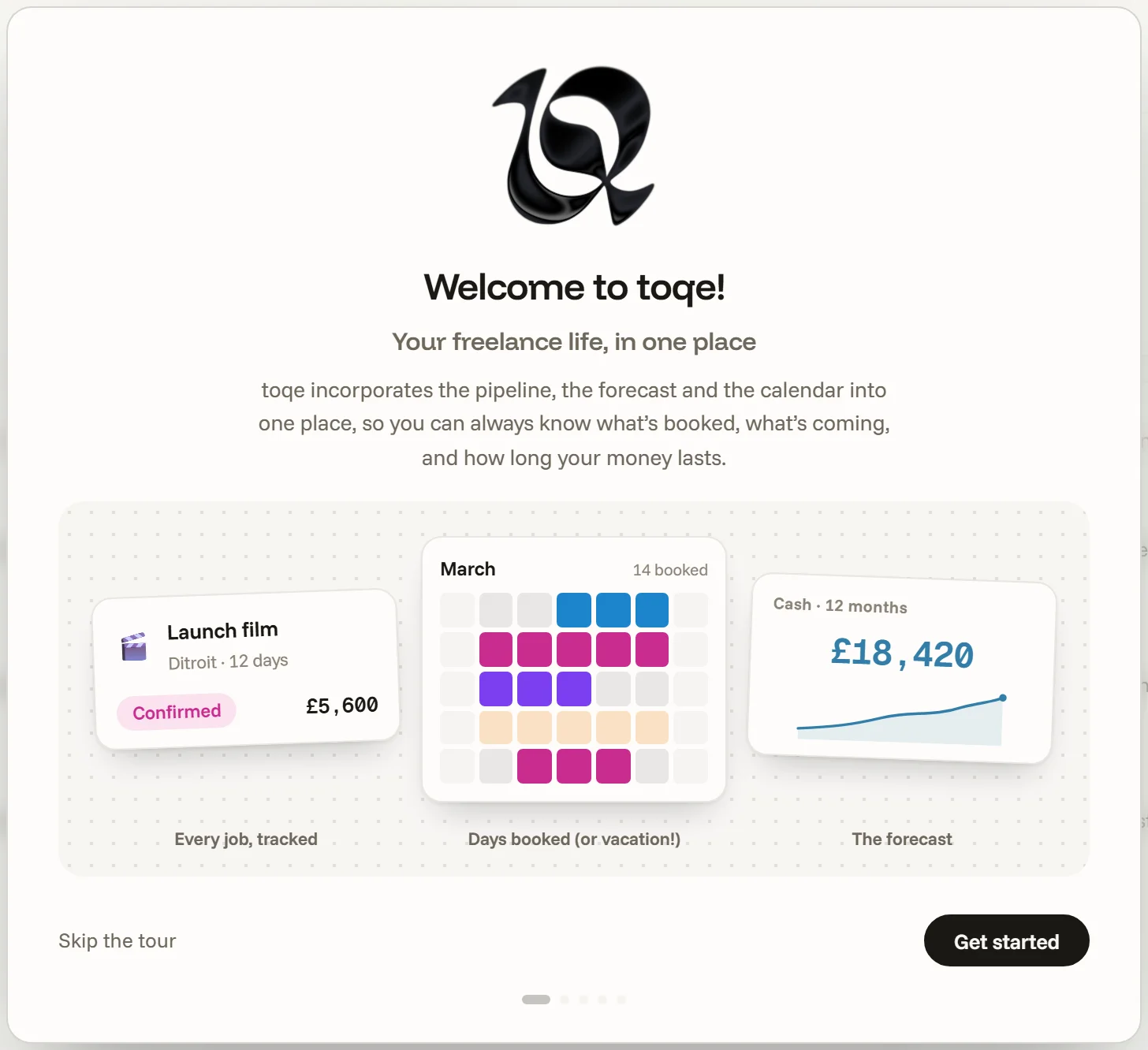 The first card of the welcome — what toqe keeps in one place, with Skip the tour and Get started