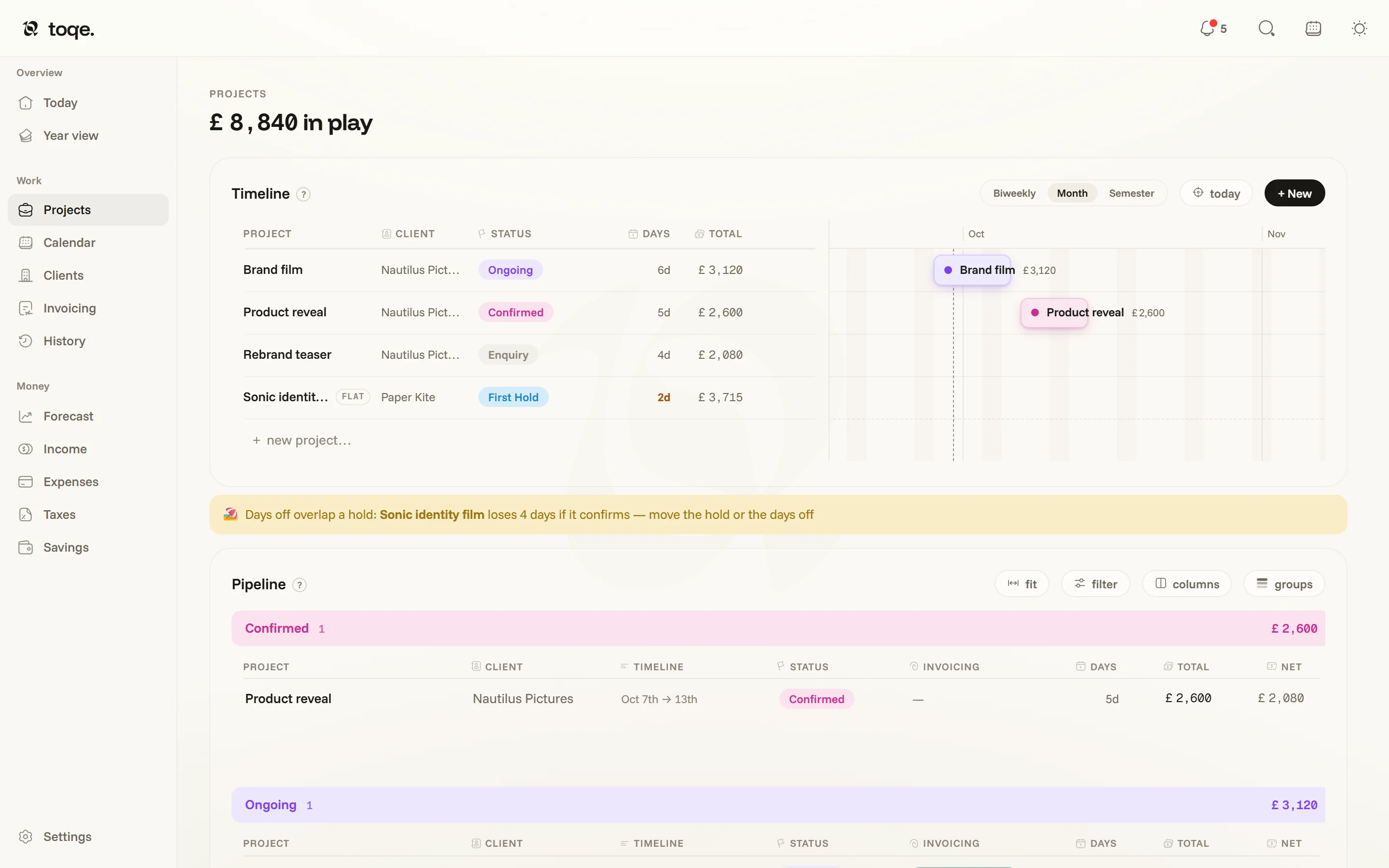 The Projects page — the timeline above, the pipeline bands below, a conflict notice between them