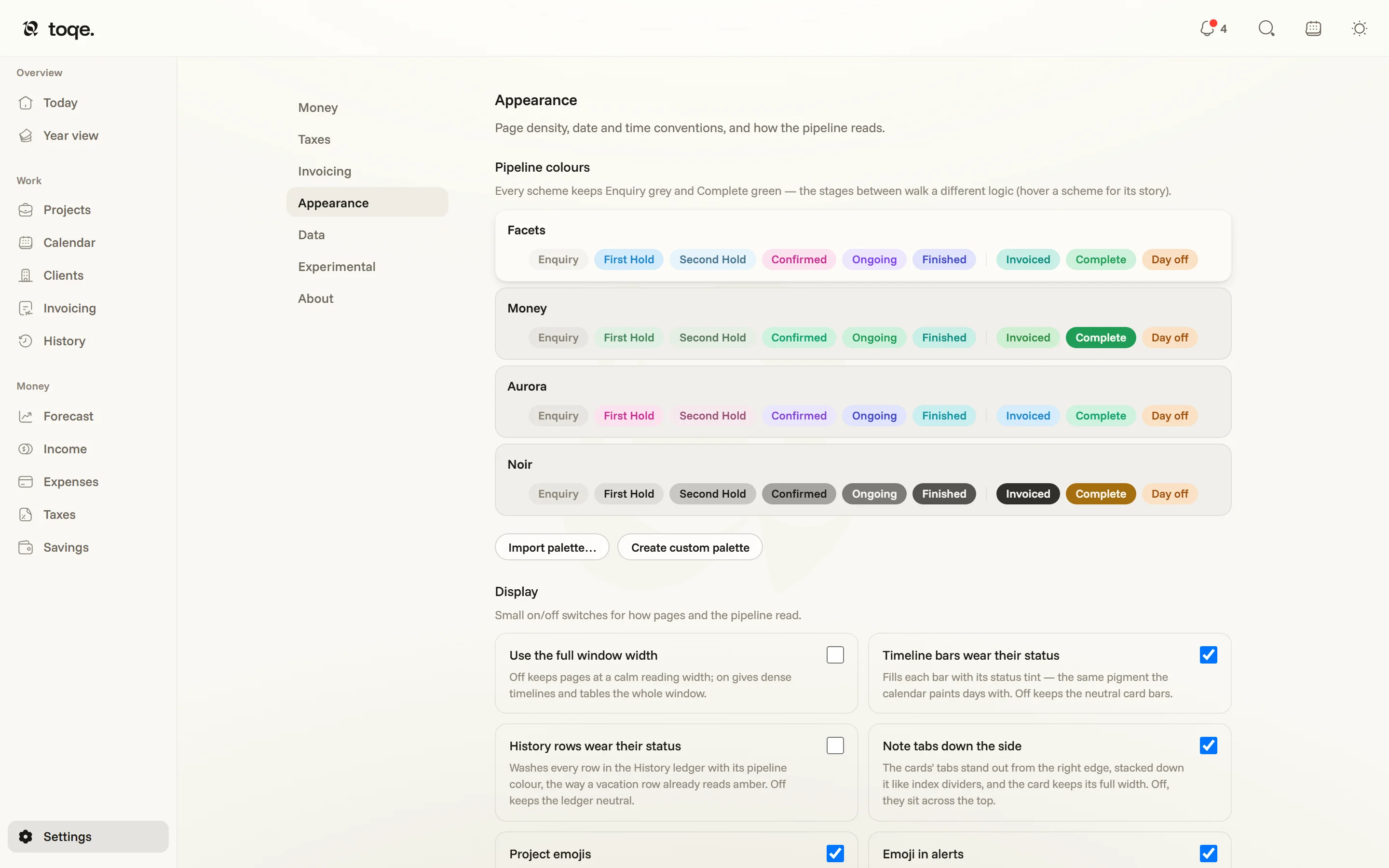 Settings → Appearance — the pipeline colour schemes, with display toggles below