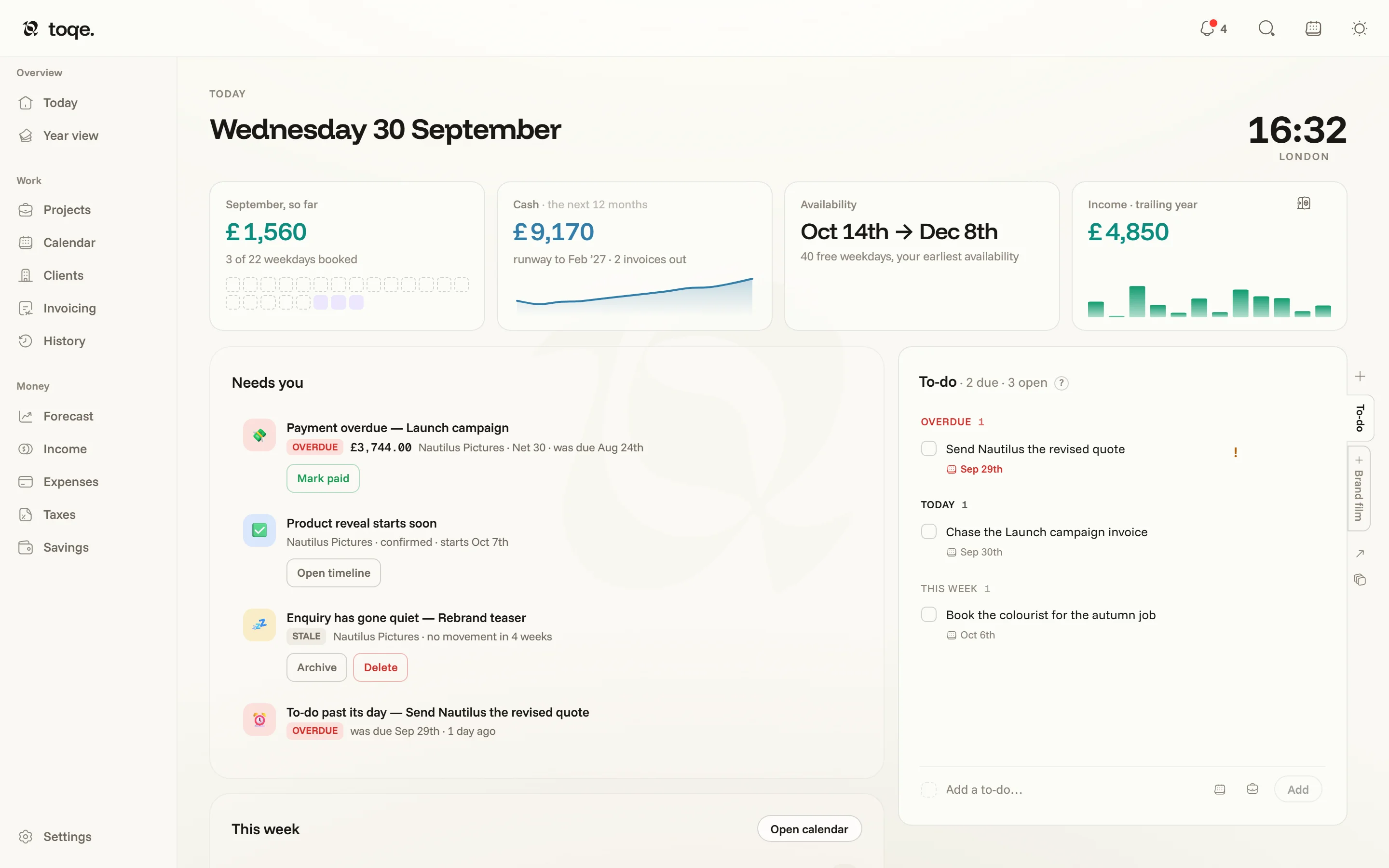 The Today page — date headline, widget row, the Needs-you list and the note cards with the to-do list in front